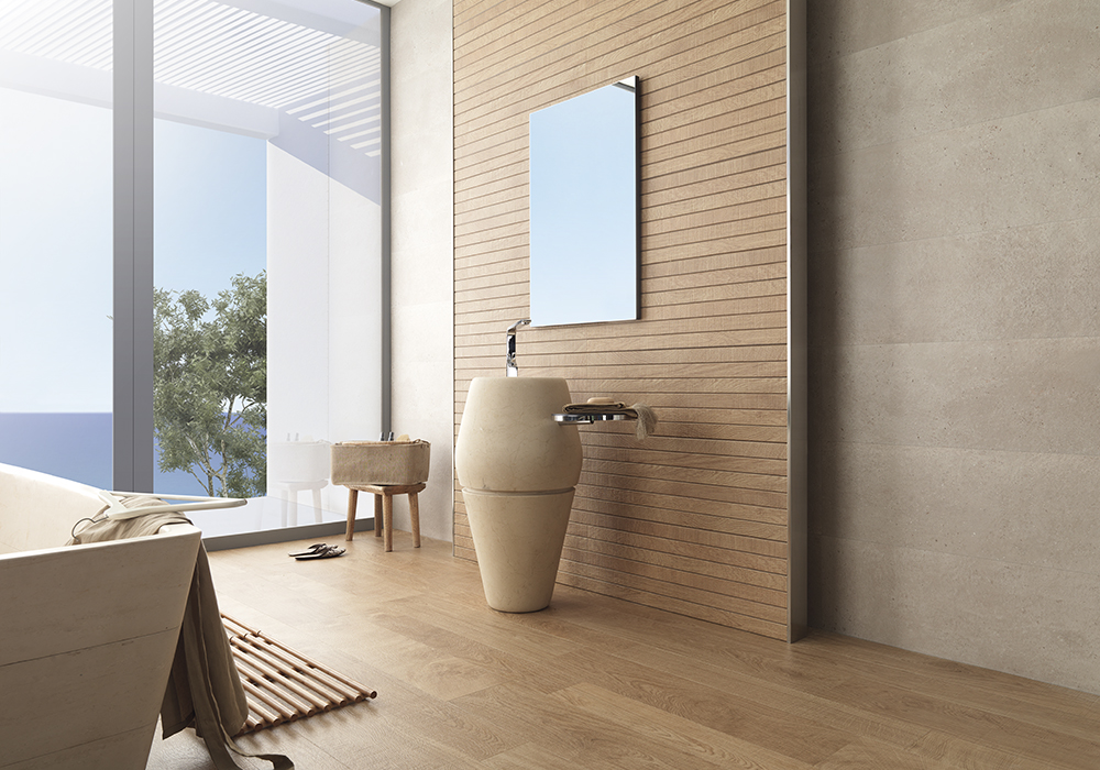 Gạch vân gỗ mang đến vẻ đẹp tinh tế, ấm áp, tạo sự thư giản trong phòng tắm