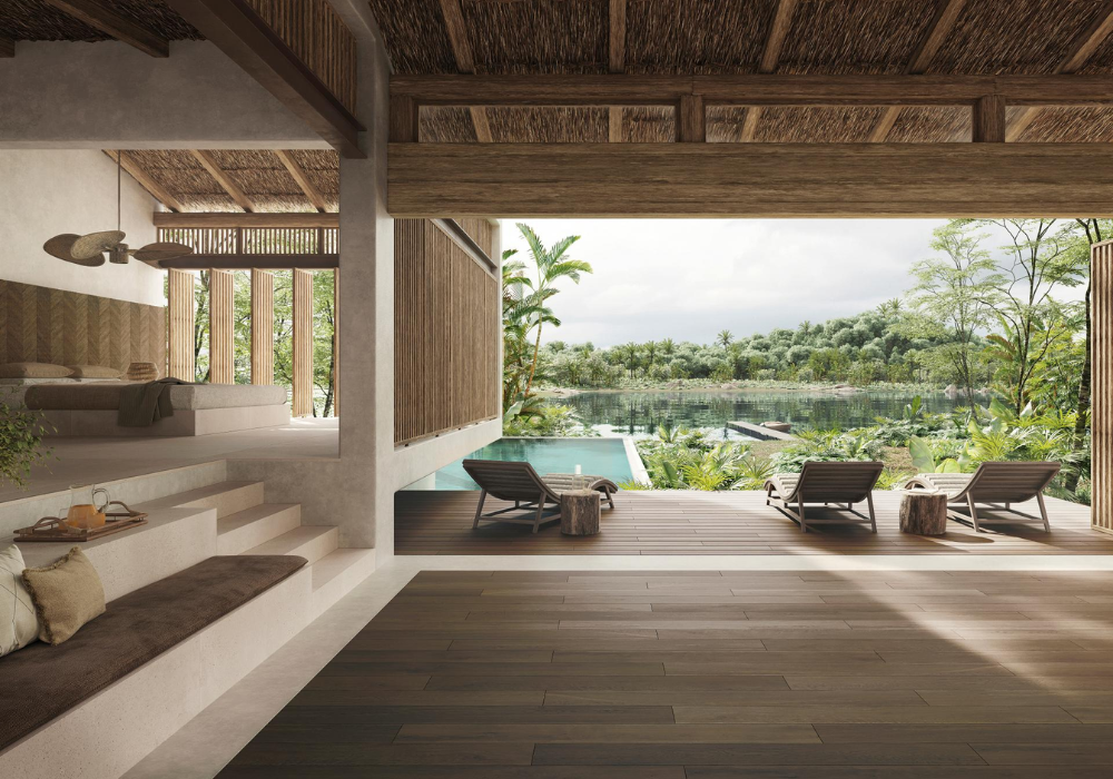 Sàn gạch vân gỗ mang đến nét sang trọng, tinh tế cho phòng khách