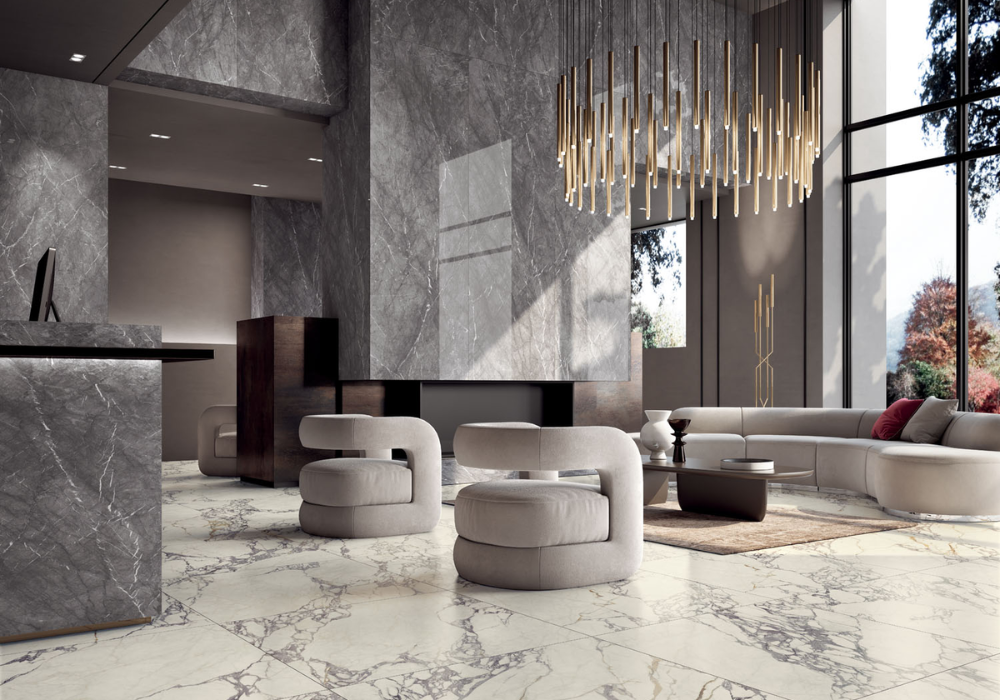 Gạch ốp tường vân đá marble ấn tượng thêm thẩm mỹ cho phòng khách