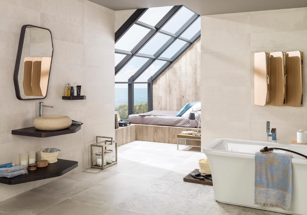 Gạch hiệu ứng xi măng phù hợp với phòng tắm có phong cách đơn giản, kiểu công nghiệp