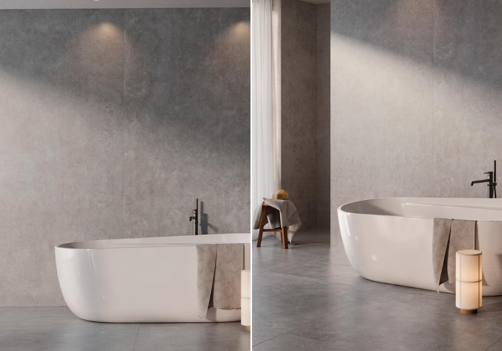 Gạch ốp lát hiệu ứng xi măng đồng bộ cho tường và sàn phòng tắm