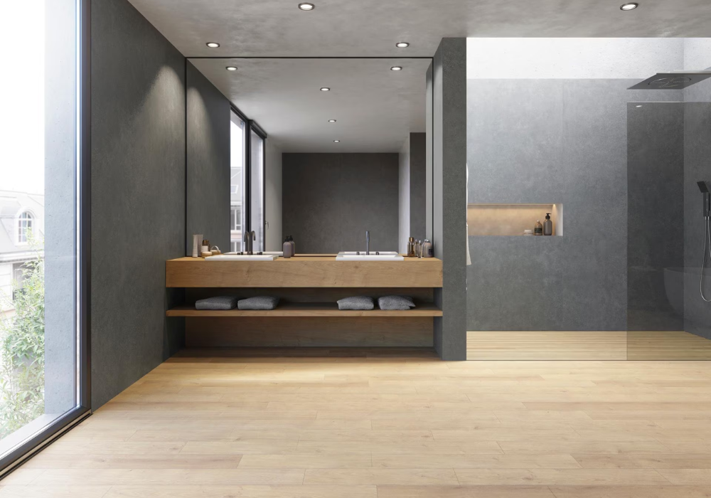 Gạch hiệu ứng xi măng kết hợp cùng gạch vân gỗ, tạo ra không gian phòng tắm độc đáo