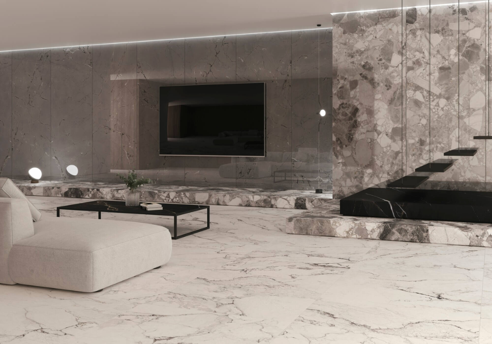 Gạch lát nền vân đá marble mang đến vẻ đẹp sang trọng cho phòng khách