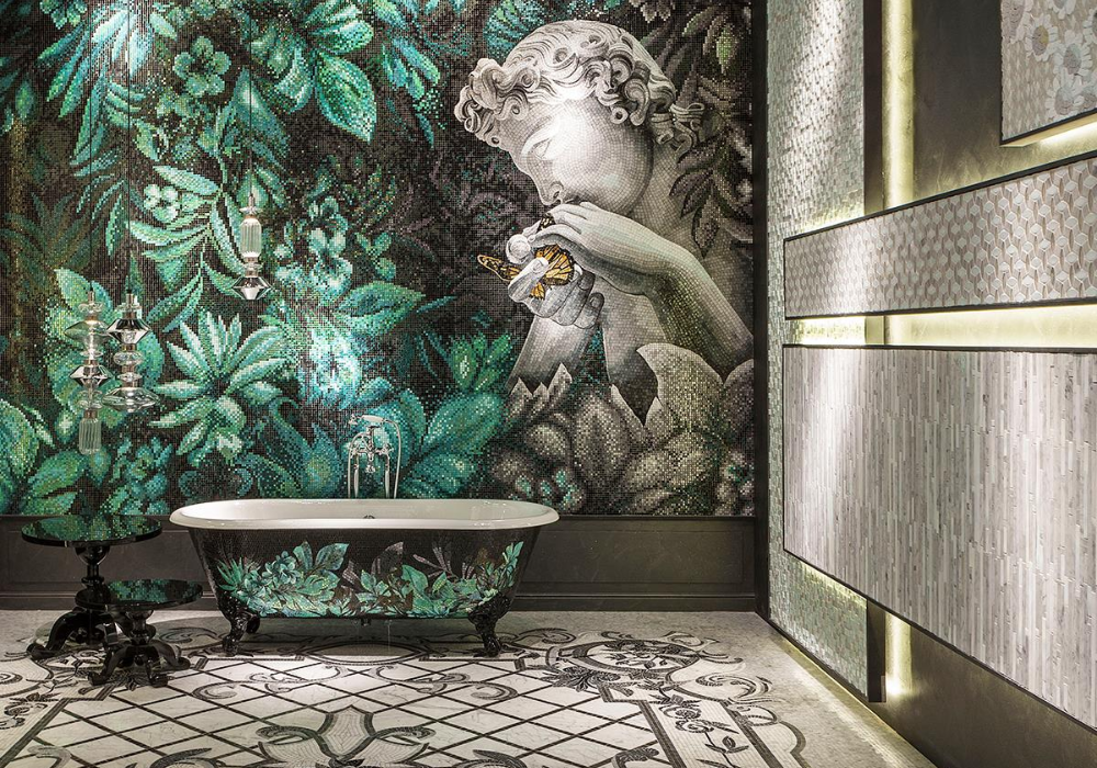 Phòng tắm đặc biệt với cả tường, sàn nhà và bồn tắm đều được trang trí bằng mosaic